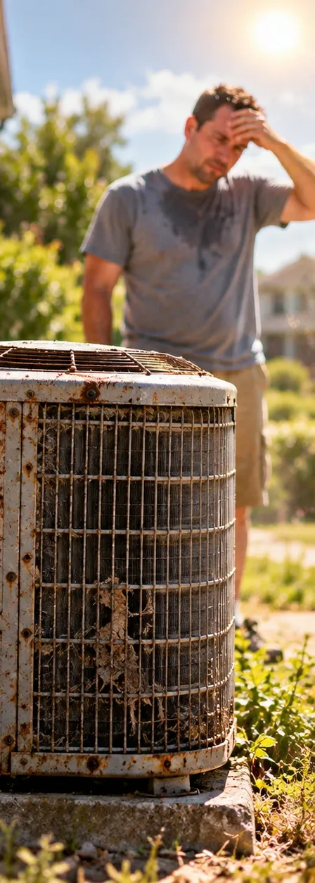 Homeowner wiping his forehead next to a rusted old AC unit